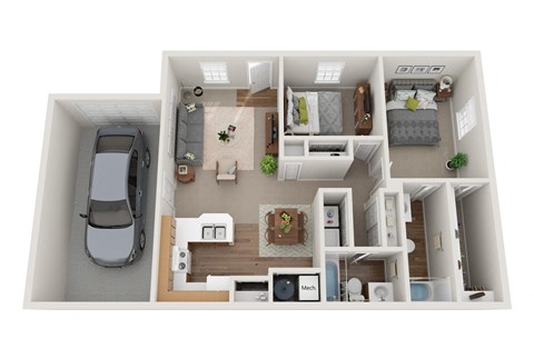 Floor plan for 2 beds, 2 baths, 1000 sqft